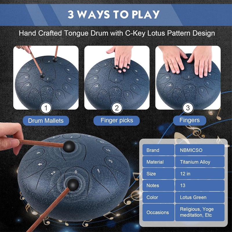 NBMICSO Steel Tongue Drum- 13 Note 12 Inches C-key Tongue Drum Percussion Instruments - Hand Pan Drum with Music Book for Meditation Entertainment Musical Education Concert Mind Healing Yoga - Image 4